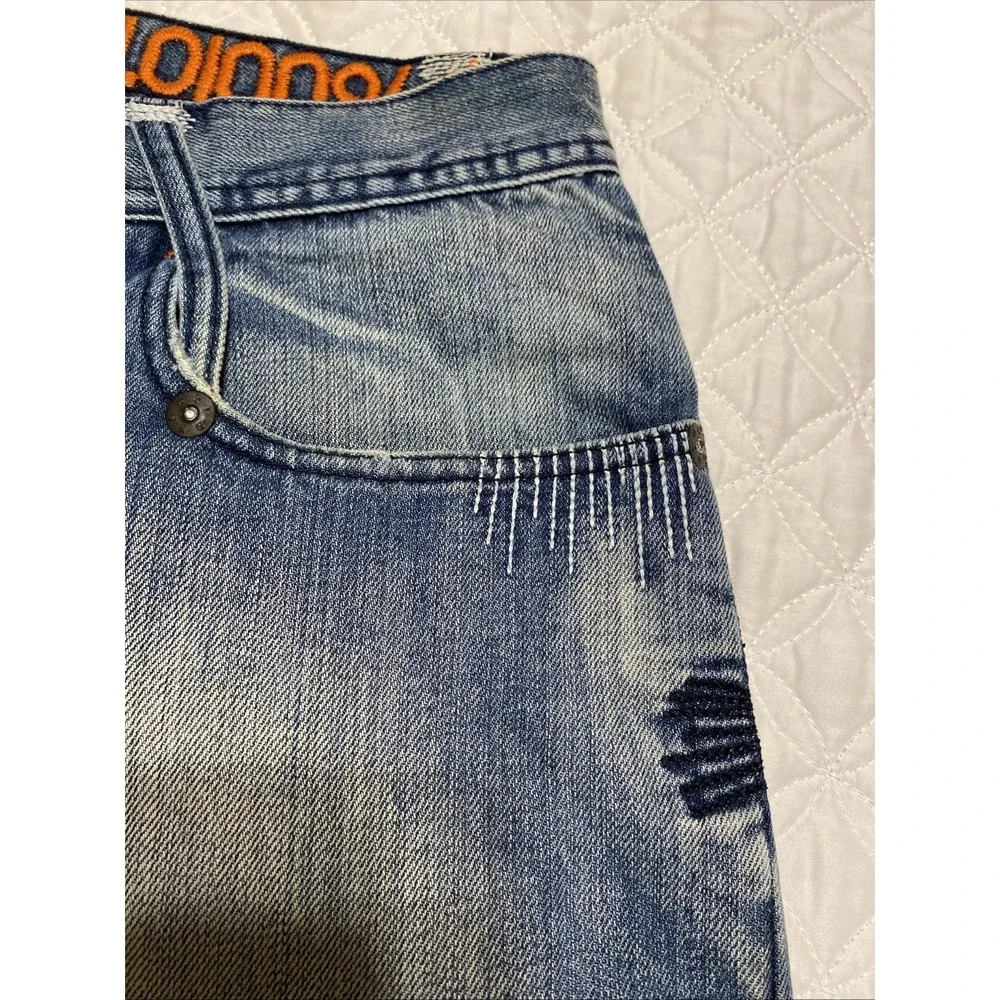 VTG Akademiks Denim Jeans 36 Embroidered Streetwear Missing Button  RN0100964